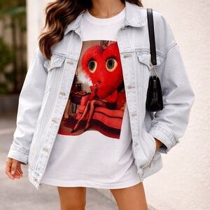 White Art Print Tee with Red Heart Character Vintage Graphic 5XL